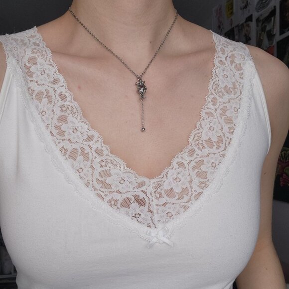 Gothic hematite pearl and silver rosary necklace with a small silver chain - Picture 2 of 8